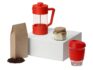 Подарочный набор «Бодрое утро» - френч-пресс- прозрачный/красный, стеклянный стакан- прозрачный/красный, упаковка кофе- крафт, бумажный наполнитель- серый