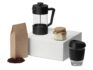 Подарочный набор «Бодрое утро» - френч-пресс- прозрачный/черный, стеклянный стакан- прозрачный/черный, упаковка кофе- крафт, бумажный наполнитель- серый