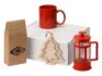 Подарочный набор с чаем, кружкой и френч-прессом «Чаепитие» - кружка- красный, френч-пресс- красный/прозрачный