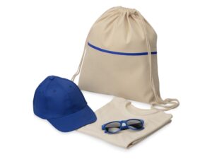 Набор для прогулок «Shiny day» - L, рюкзак- натуральный/синий, футболка- натуральный, бейсболка- синий, очки- синий