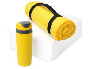 Подарочный набор Cozy с пледом и термокружкой - желтый/темно-серый/черный